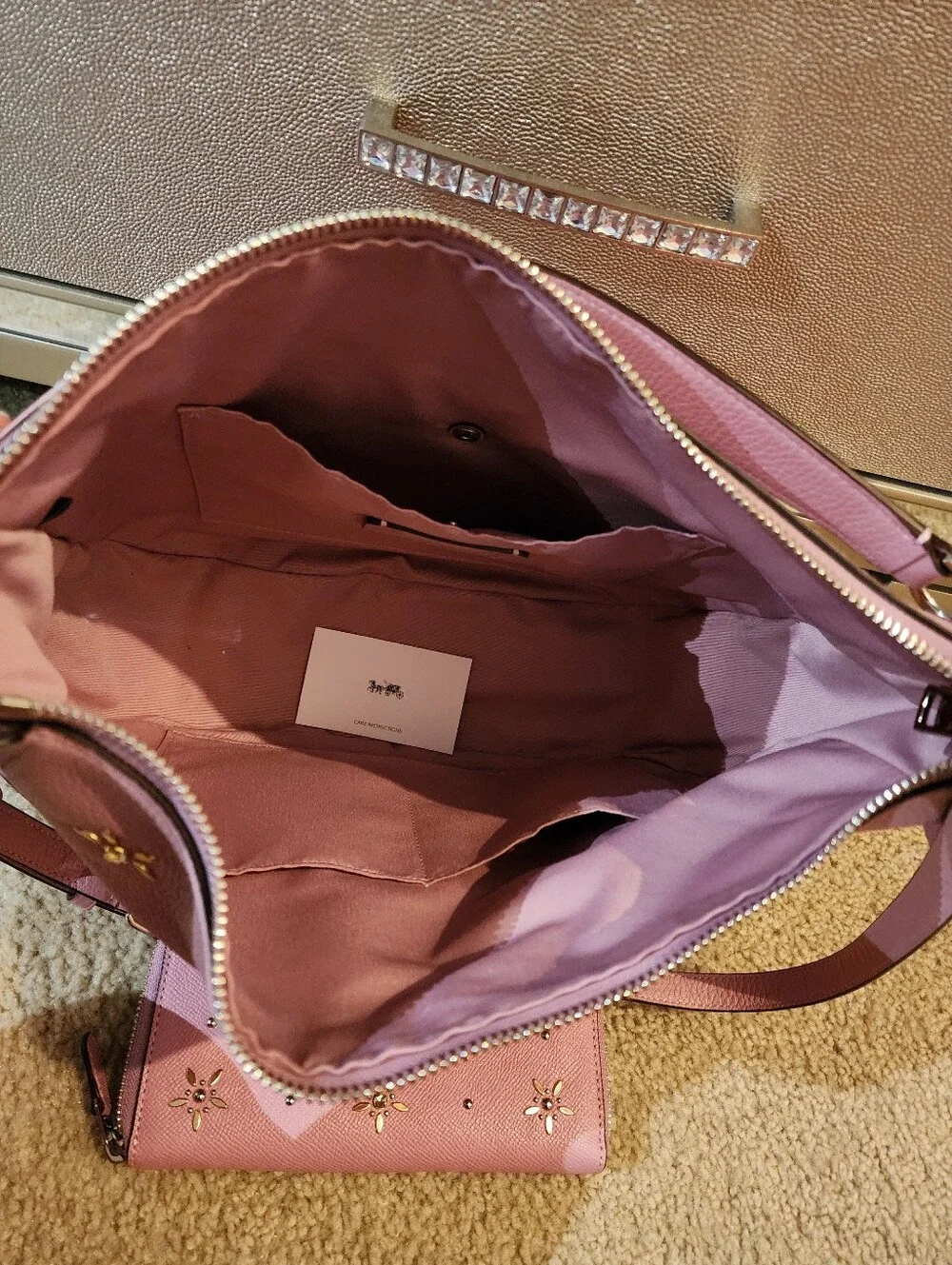 Coach Pink Crystal Rhinestone Shoulder Hobo Purse Floral Elle Wallet New SET